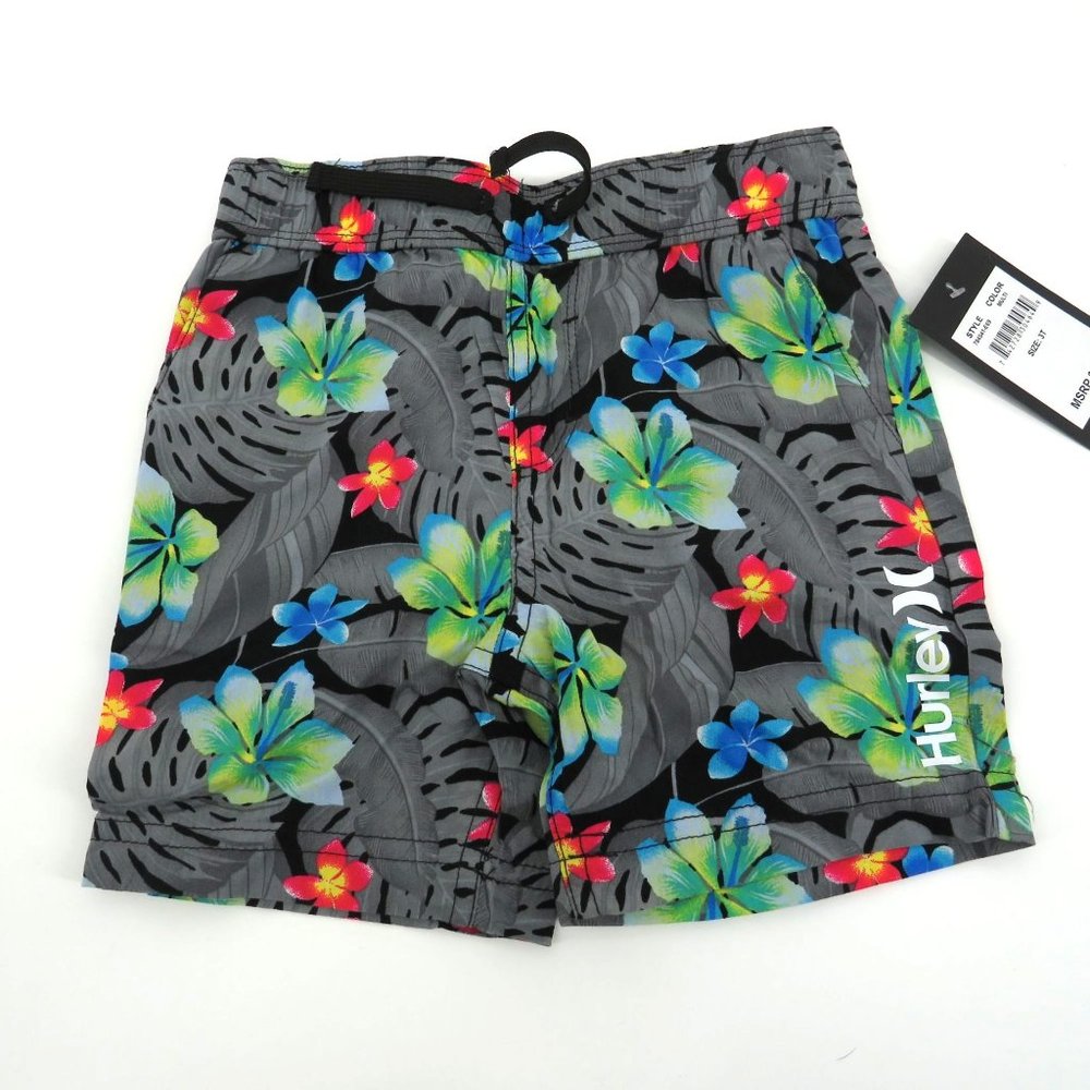 Hurley Kids Tropical Floral Swim Shorts 3T Elastic Waist Black NWT $35